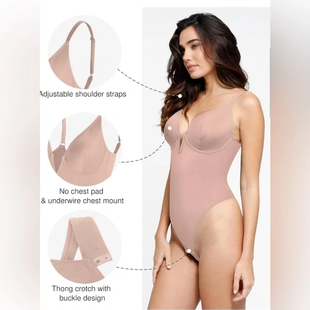 Popilush Shapewear Deep V-Neck Low Back Sculpting Thong Bodysuit